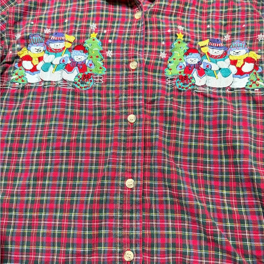 Vintage Bobbie Brooks Christmas‎ Flannel Shirt • Snowmen Embroidery • Plaid •
